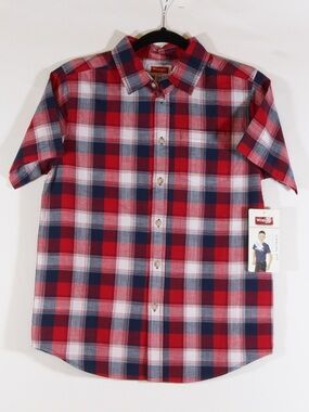 Wrangler Boys' Blue Red Plaid Casual Fit Short-Sleeve Woven Button-Up Shirt NWT